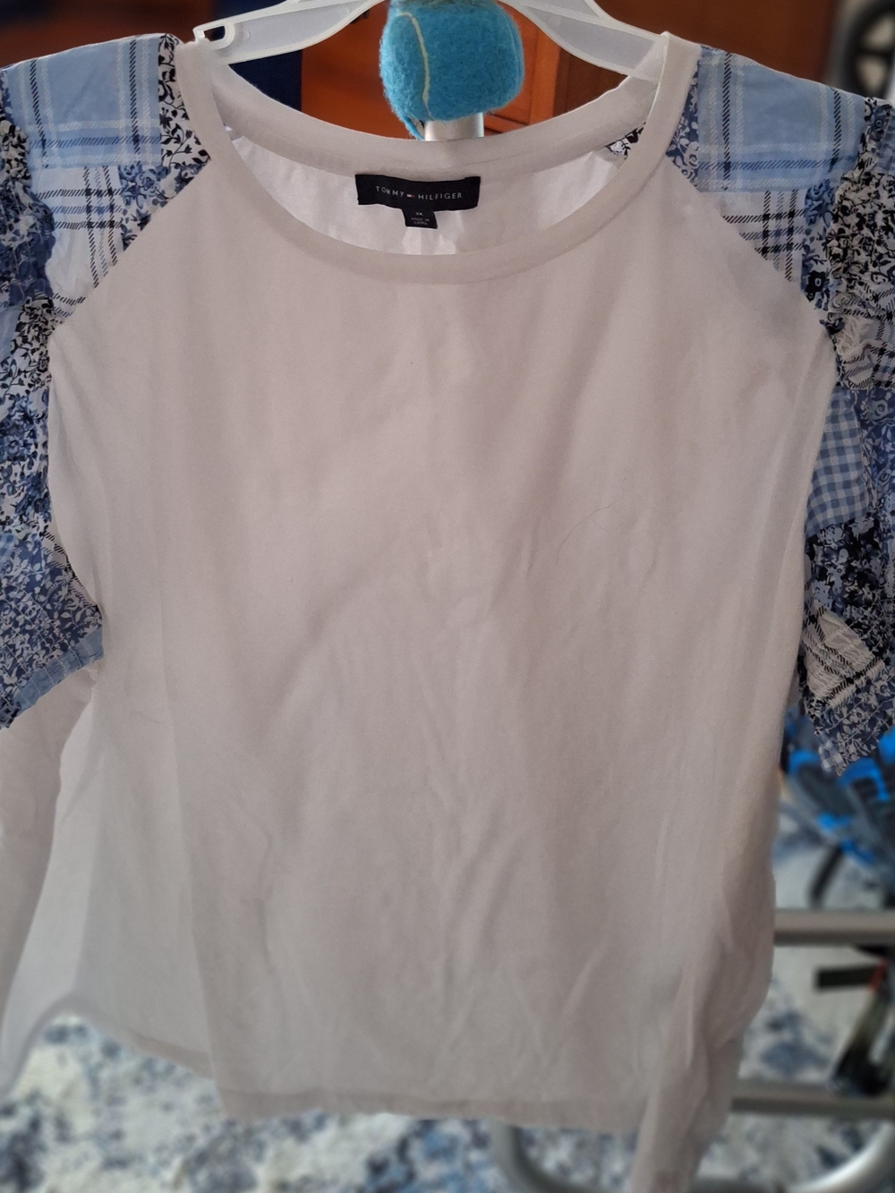 Tommy Hilfiger Cream Tee with Blue Patchwork Raglan Sleeves